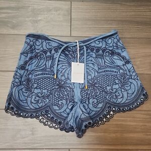 Zimmermann Denim Embroidered High Waist Shorts NWT